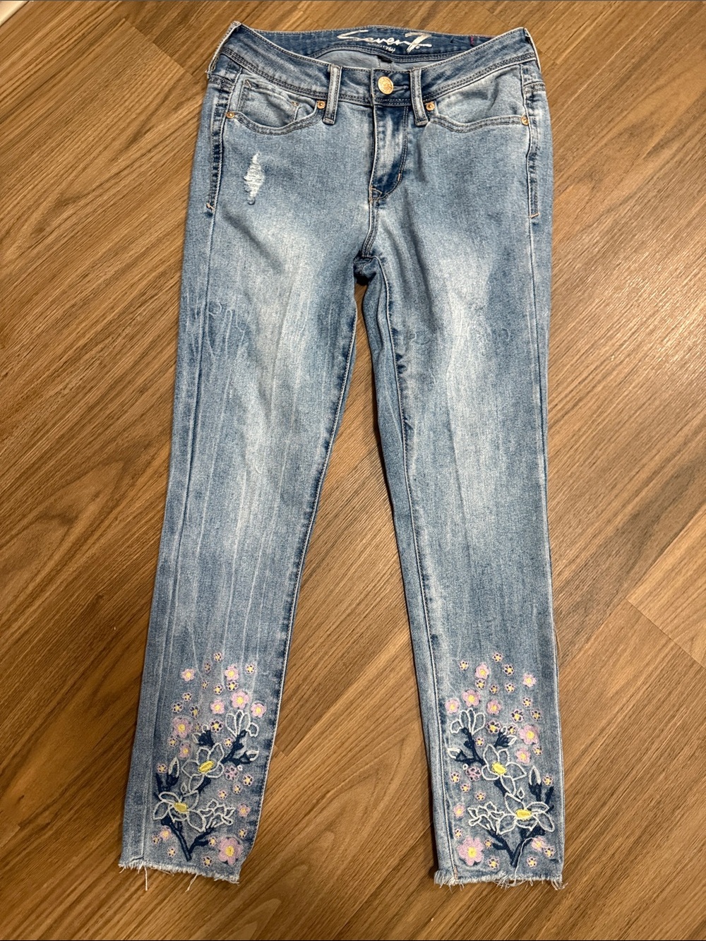Seven7 Light Blue Skinny Jeans with Floral Embroidered Ankles